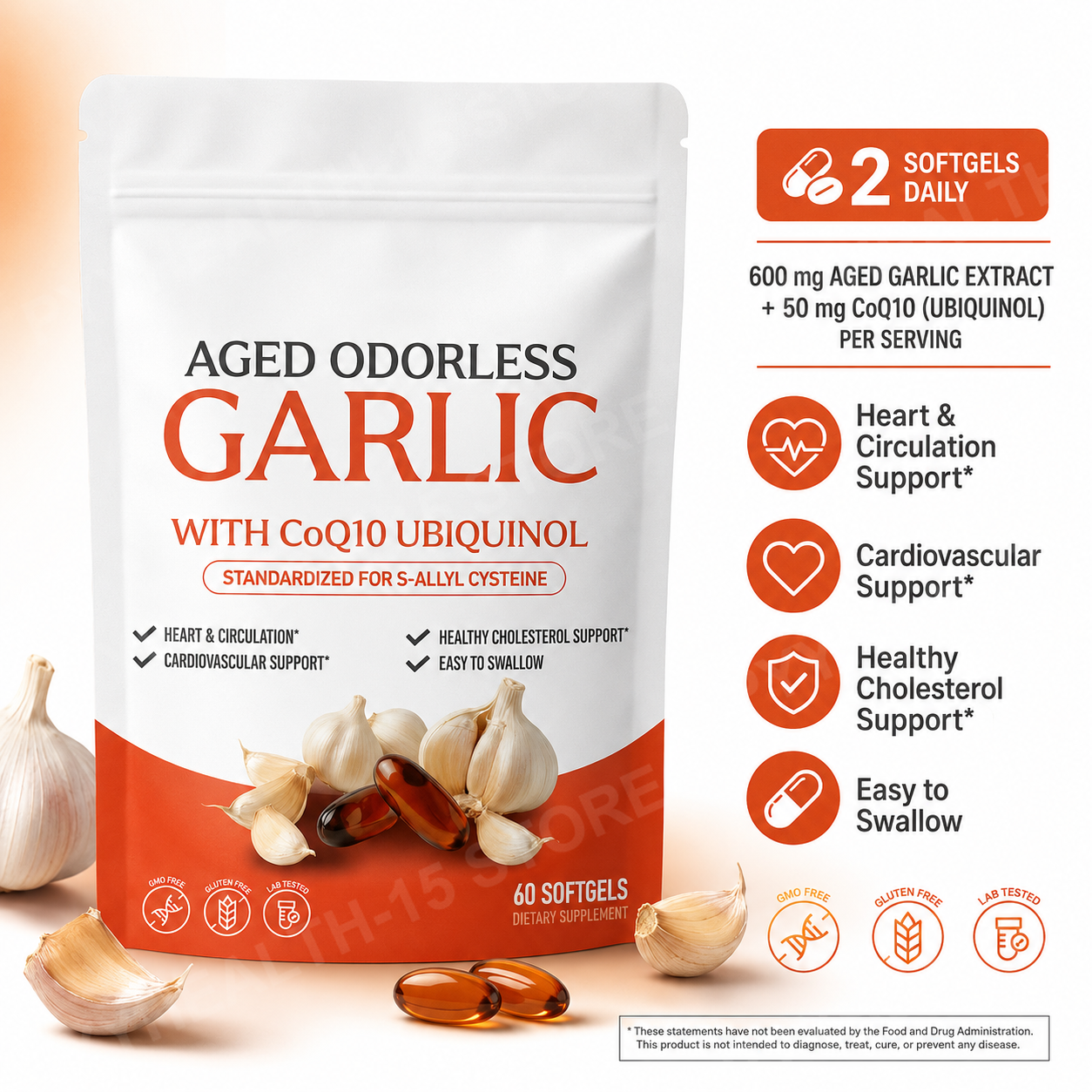 Coq10 Ubiquinol Softgel - Odorless Aged Garlic Extract Softgels, 600mg