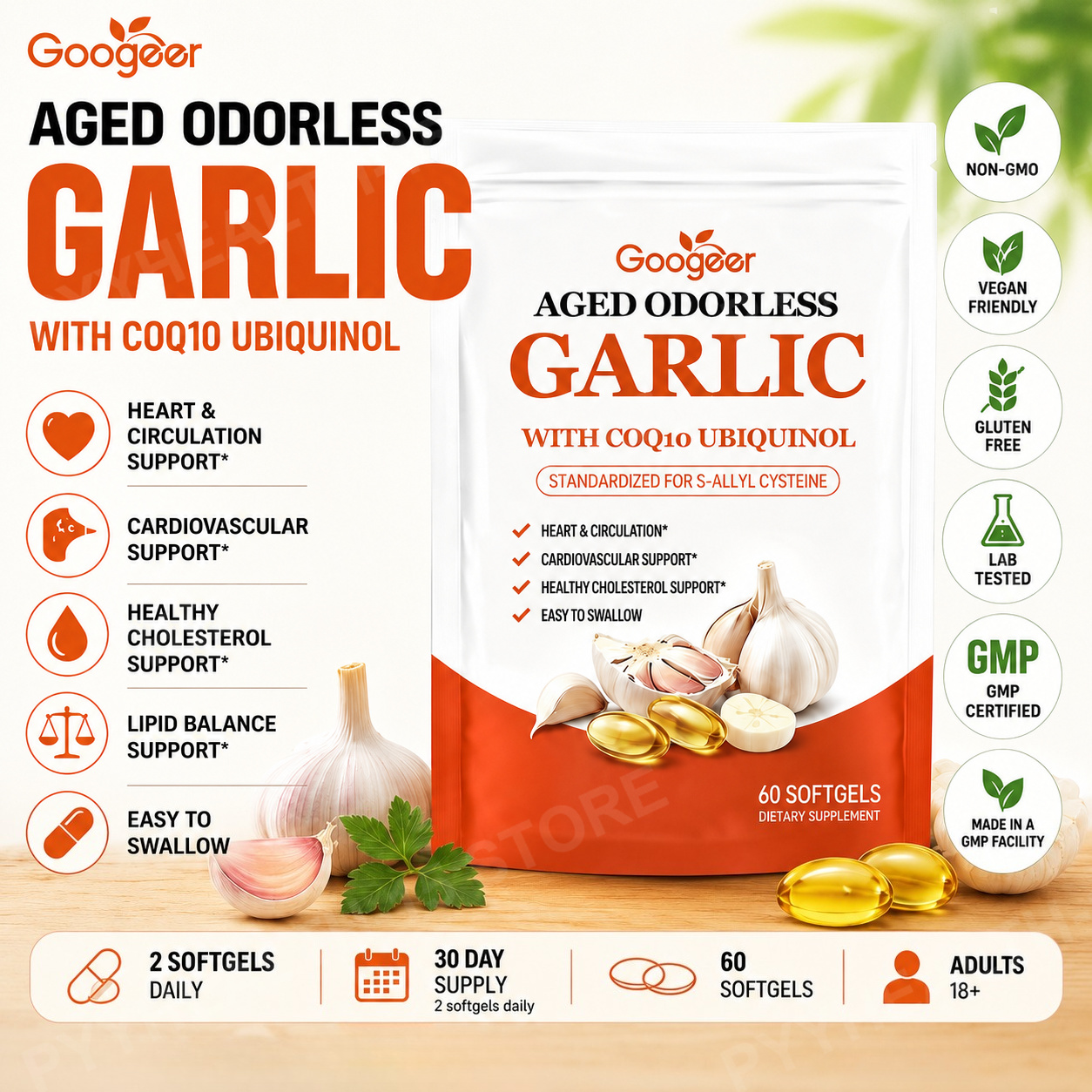 Coq10 Ubiquinol Softgel - Googeer Aged Odorless Garlic Softgels with